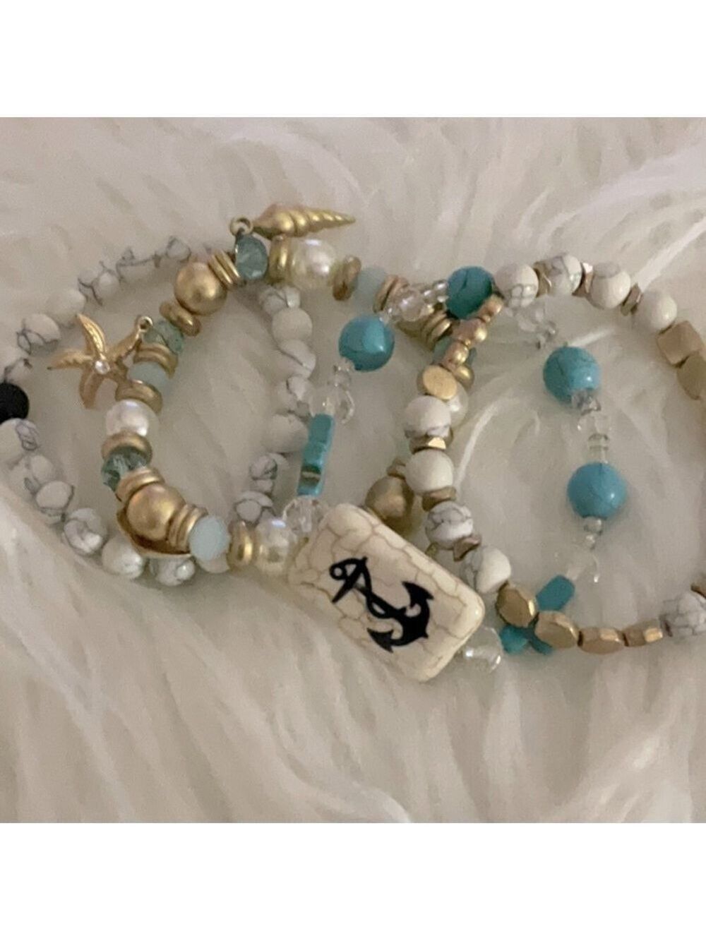 Teal White Marble Bracelet Set 4 Strand Stretch